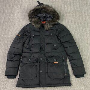 Superdry Chinook Parka Jacket Coat Men's Medium Black Faux Fur Hood Puffer
